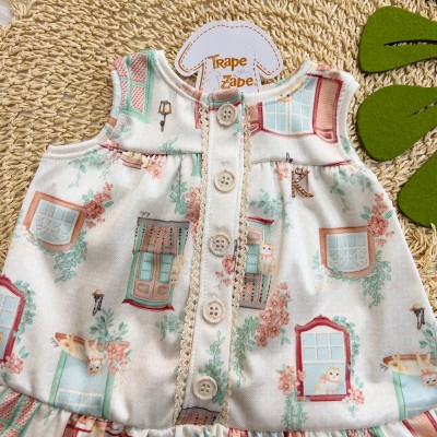  Verão 24/25 - Vestido Acetinado Gatinhos com Flores - Areia e Rose