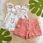 Verão 24/25 - Conj. Batinha Acetinada Gatinhos com Flores e Short com Botões - Areia e Rose