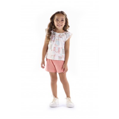 Verão 24/25 - Conj. Batinha Acetinada Gatinhos com Flores e Short com Botões - Areia e Rose