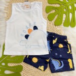 Verão 24/25 - Conj. Regata Roar e Short Dinos com Solzinho - Branco e Marinho