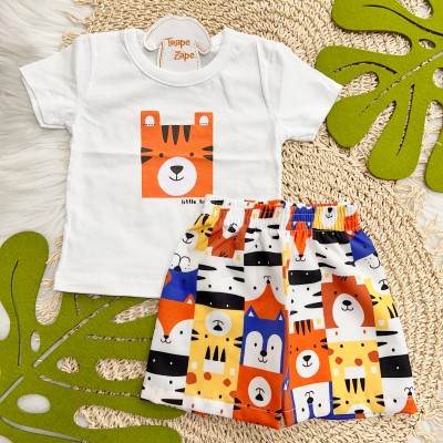 Verão 24/25 - Conj. Camiseta Tigrinho Quadrado e Short Colorido - Branco