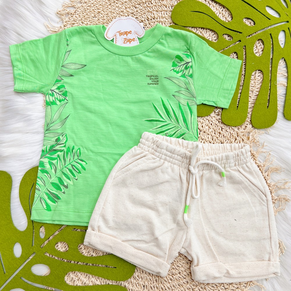 Verão 24/25 - Conj. Camiseta Sun Tropical e Short em Linho - Verde e Areia