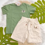 Natal 2024 - Conj. Camiseta Kids Clothing e Bermuda em Linho- Verde e Areia