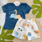 Verão 24/25 - Conj. Camiseta Double the Cuteness e Short Dinos com Solzinho - Azul Petróleo e Off White