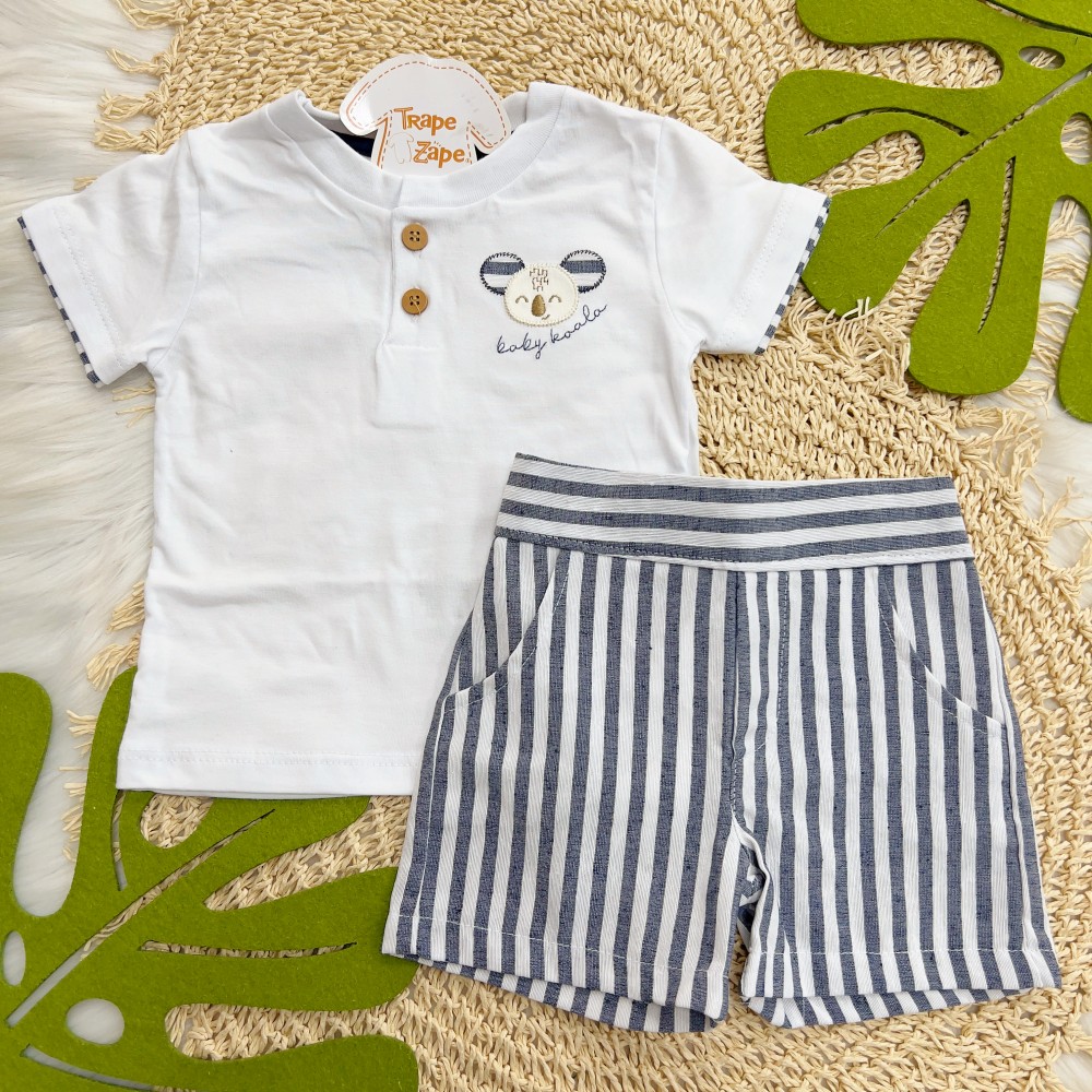 Verão 24/25 - Conj. Camiseta Baby Koala e Short Listrado - Branco e Marinho