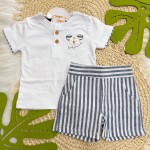 Verão 24/25 - Conj. Camiseta Baby Koala e Short Listrado - Branco e Marinho