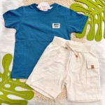 Natal 2024 - Conj. Camiseta Kids Clothing e Bermuda em Linho- Azul e Areia