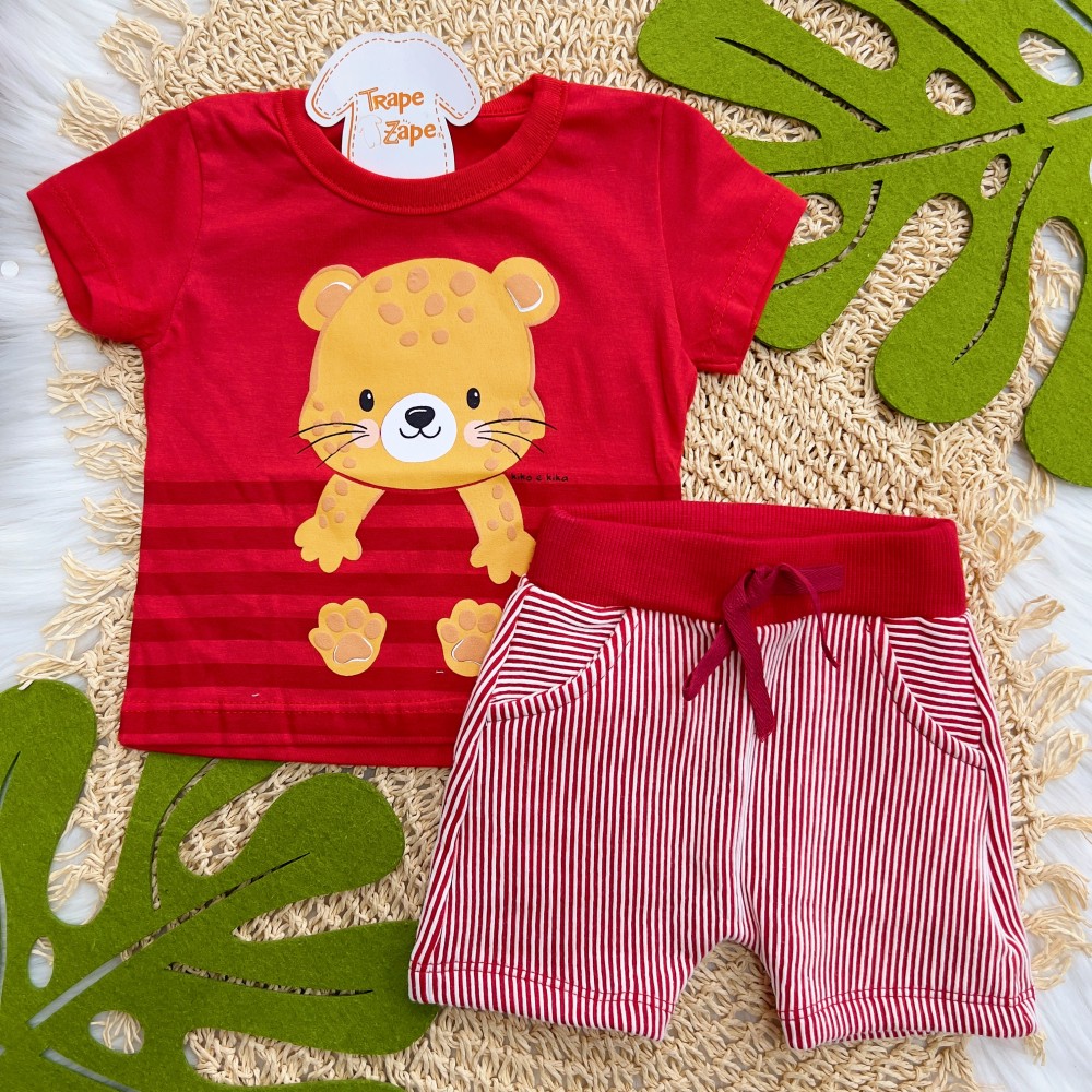 Verão 24/25 - Conj. Camiseta Tigre Baby e Short Listrado - Vermelho