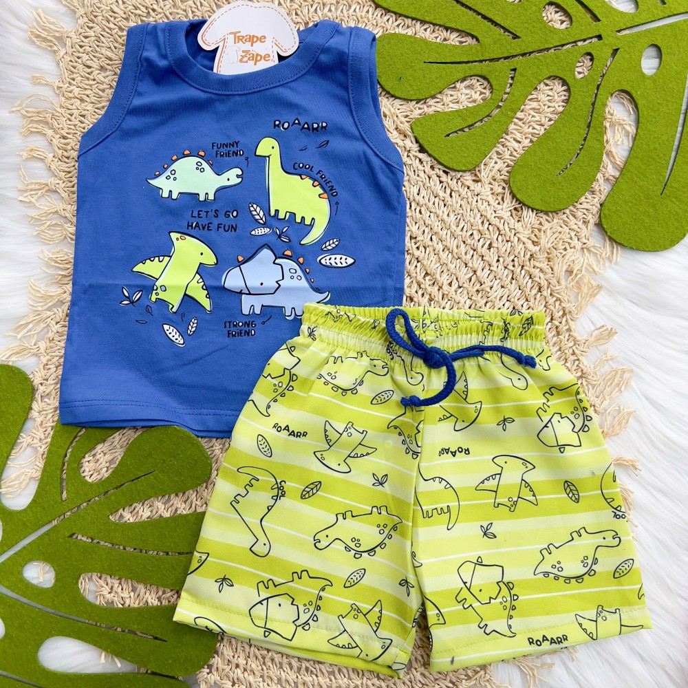 Verão 24/25 - Conj. Regata Funny Friend e Short Listrado Dinos - Azul e Verde