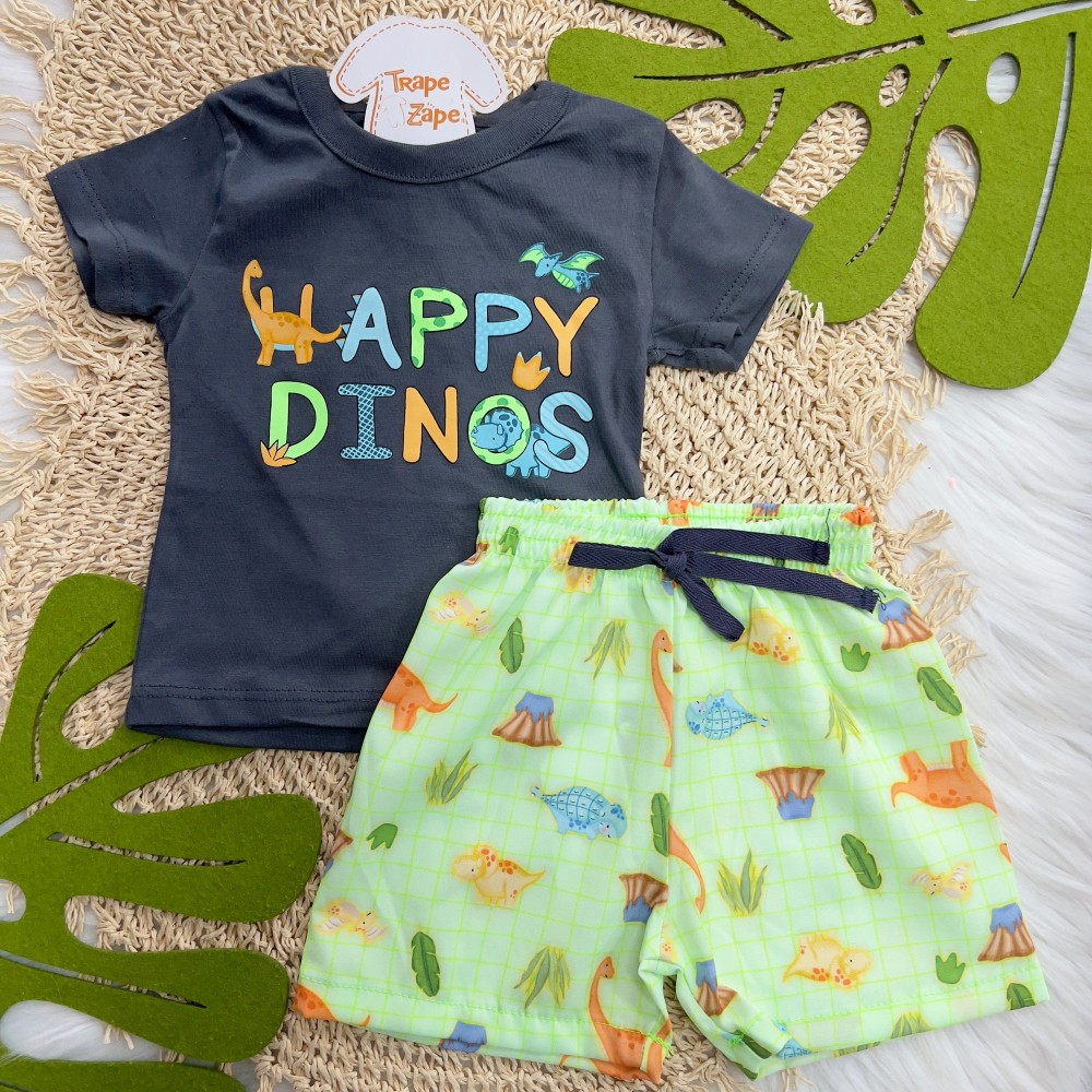 Verão 24/25 - Conj. Camiseta Happy Dinos e Short - Chumbo e Verde