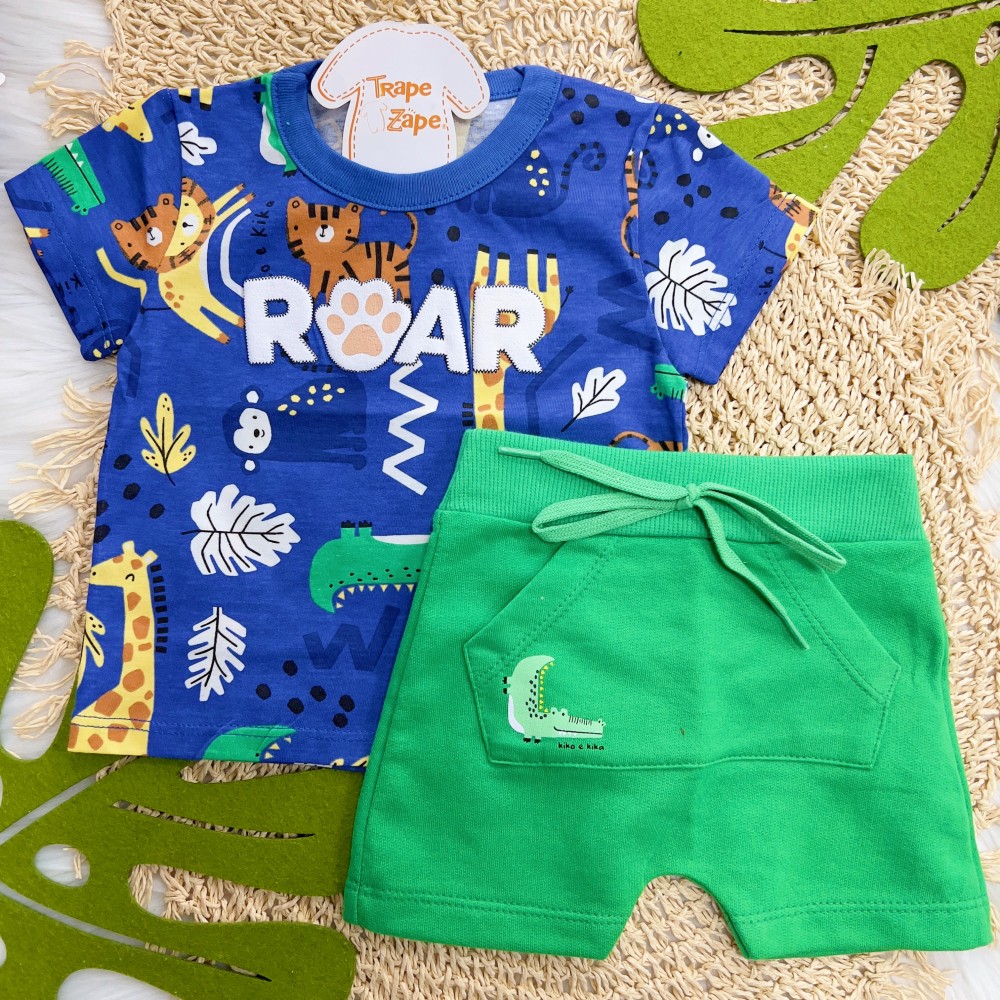 Verão 24/25 - Conj. Camiseta Roar Savana e Short em Moletinho - Azul Royal e Verde