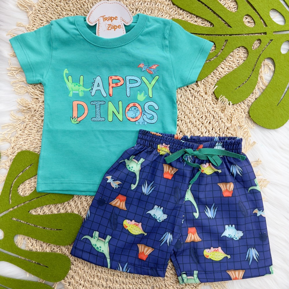 Verão 24/25 - Conj. Camiseta Happy Dinos e Short - Verde e Azul