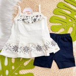 Verão 24/25 - Conj. Regata com Flores e Short - Off White e Preto