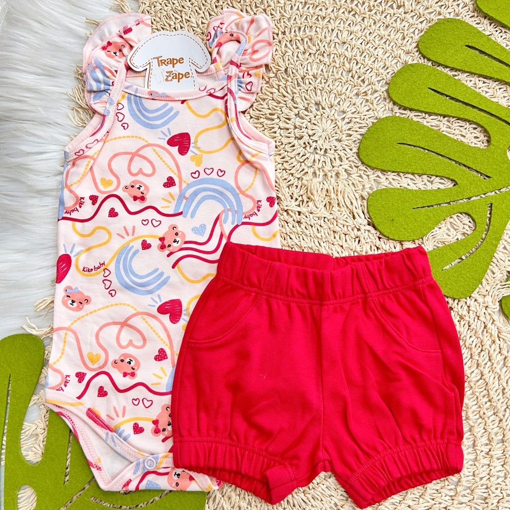 Verão 24/25 - Conj. Body Regata Ursinhas com Laço Vermelho e Short - Rosa e Vermelho