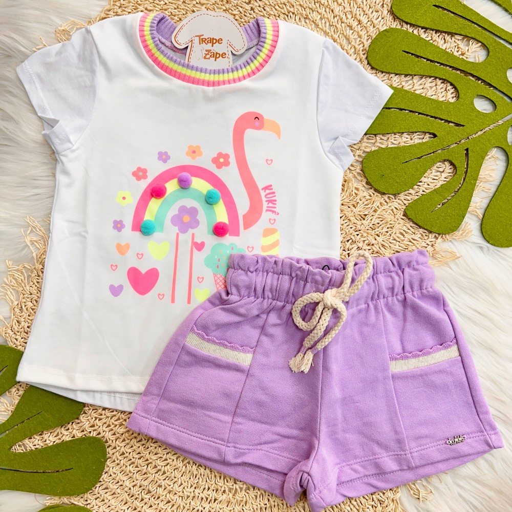 Verão 24/25 - Conj. Blusa Flamingo Colorido e Short Moletinho - Branco e Lilás