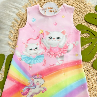 Verão 24/25 - Vestido Gatinhas Bailarinas com Unicórnio - Rosa