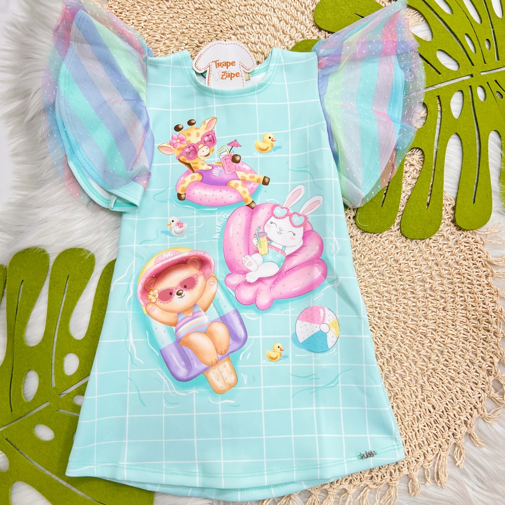 Verão 24/25 - Vestido Bichinhos na Piscina com Manga Tule Colorida - Verde Água