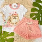 Verão 24/25 - Conj. Blusinha em Linho Cachorrinha Sweet e Short - Salmão