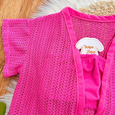  Verão 24/25 - Conj. Kimono Tricot com Cropped e Short Casinhas - Pink e Amarelo