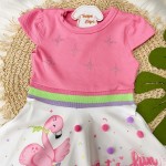 Verão 24/25 - Vestido Flamingo com Pompons - Rosa e Branco