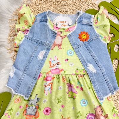 Verão 24/25 - Conj. floresta girls Colete com Flor de Crochê e Vestido Raposinha - Verde