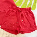 Natal 2024 - Conj. Bata e Short em Air Flow com Strass - Vermelho