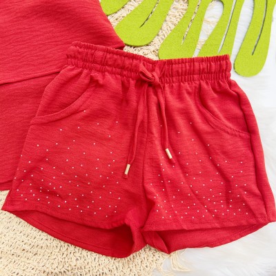 Verão 24/25 - Conj. Bata e Short em Air Flow com Strass - Vermelho