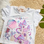 Verão 24/25 - Conj. Blusa Sereia no Castelo e Short em Moletinho - Branco e Lilás 