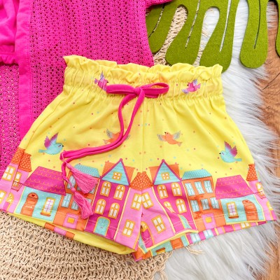  Verão 24/25 - Conj. Kimono Tricot com Cropped e Short Casinhas - Pink e Amarelo