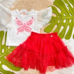 Verão 24/25 - Conj. Blusa Boxy Borboleta e Short Saia em Tule - Off White e Vermelho