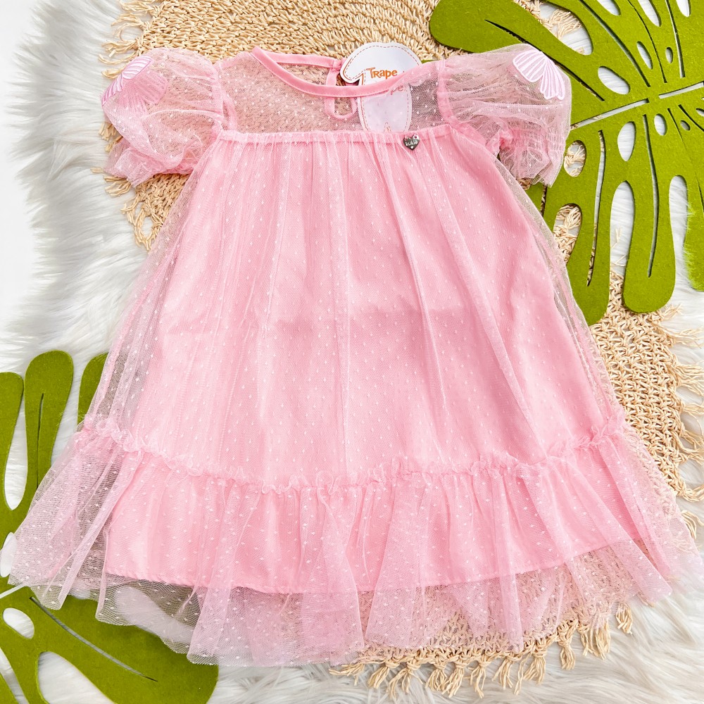 Verão 24/25 - Vestido em Tule Manga Princesa - Rosa