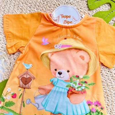 Verão 24/25 - Vestido Ursinha com Botinhas e Flores - Laranja sunflower