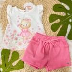 Verão 24/25 - Conj. Blusa Ursinha no Jardim e Short - Off e Rosa