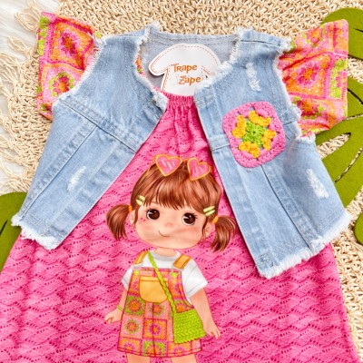Verão 24/25 - Conj. Vestido Garotinha e Colete Jeans - Pink