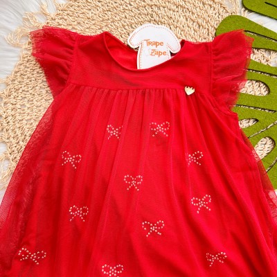  Verão 24/25 - Vestido Red em Tule com Laços em Strass - Vermelho