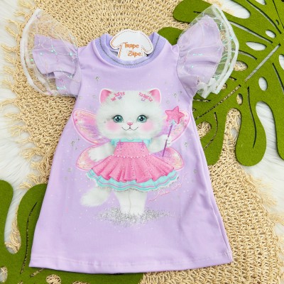 Vestido Gatinha com Manga Bufante em Tule - Lilás