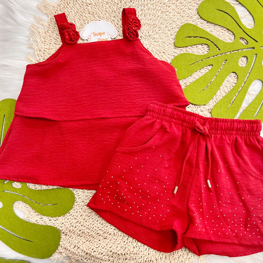 Natal 2024 - Conj. Bata e Short em Air Flow com Strass - Vermelho