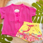 Verão 24/25 - Conj. Kimono Tricot com Cropped e Short Casinhas - Pink e Amarelo