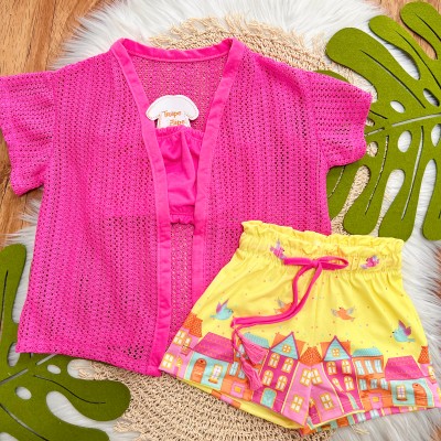  Verão 24/25 - Conj. Kimono Tricot com Cropped e Short Casinhas - Pink e Amarelo