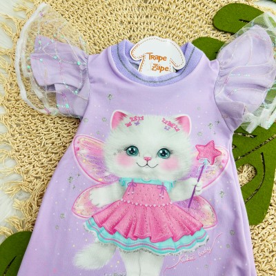  Vestido Gatinha com Manga Bufante em Tule - Lilás