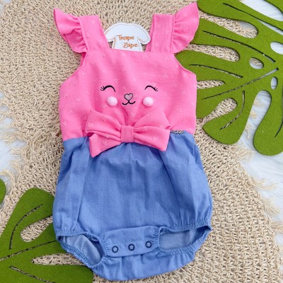 - Romper em Air Flow Regatinha Coelhinha  - Rosa e Jeans