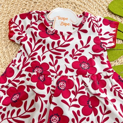 Verão 24/25 -  Vestido Manga Curta Floral Vermelho - Off White