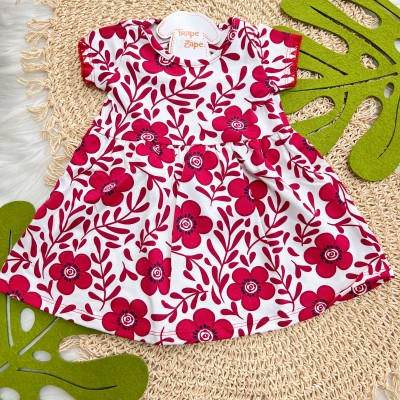 Verão 24/25 -  Vestido Manga Curta Floral Vermelho - Off White