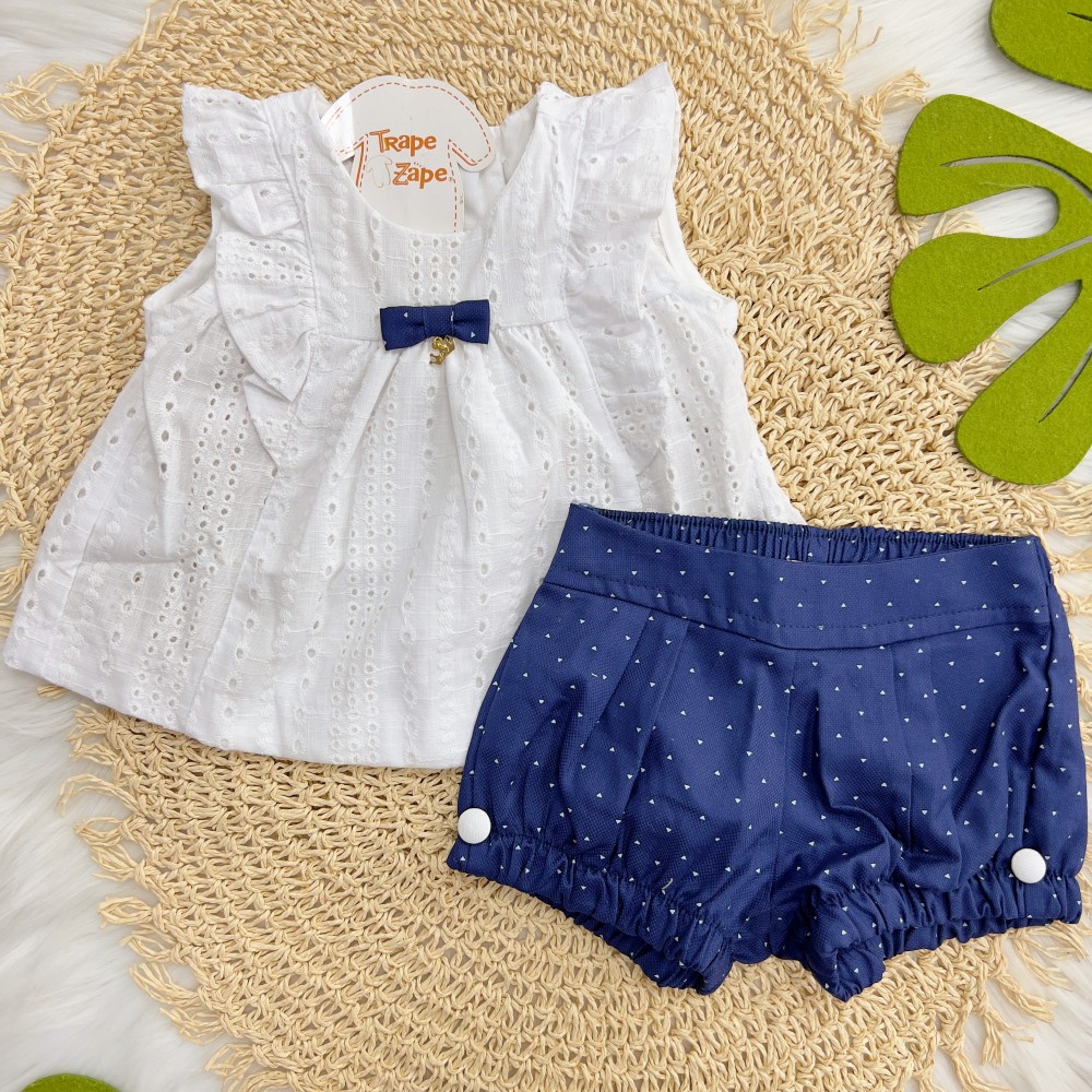 Verão 24/25 - Conj.Batinha em Lese e Short Mini Triângulos - Branco e Marinho