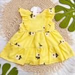 Verão 24/25 - Vestido com Flores Brancas Bordadas - Amarelo