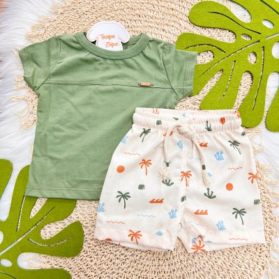 Verão 24/25 - Conj. Camiseta Lisa e Bermuda Praiana- Verde Musgo e Areia