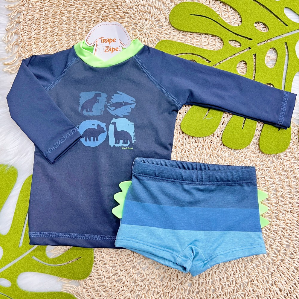 Linha Praia - Blusa Manga Longa Dinos e Sunga Listrada com Proteção UV50+ - Marinho