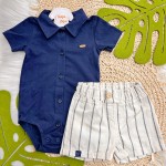 Verão 23/24 - Conj. Body Gola Polo e Short em Linho Listrado - Marinho e Areia