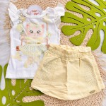 Verão 24/25 - Conj. Regata Canelada Gatinha e Short Saia em Linho - Off White e Amarelo