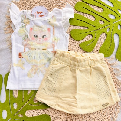 Verão 24/25 - Conj. Regata Canelada Gatinha e Short Saia em Linho - Off White e Amarelo